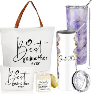 Domensi 4 Pack Godmother Gifts Set Included 20oz Stainless Steel Tumbler Cup with Straw and Lid Best Godmother Ever Gift Tote Bag Makeup Bag Scented Candle Mother Day Gift(Purple)