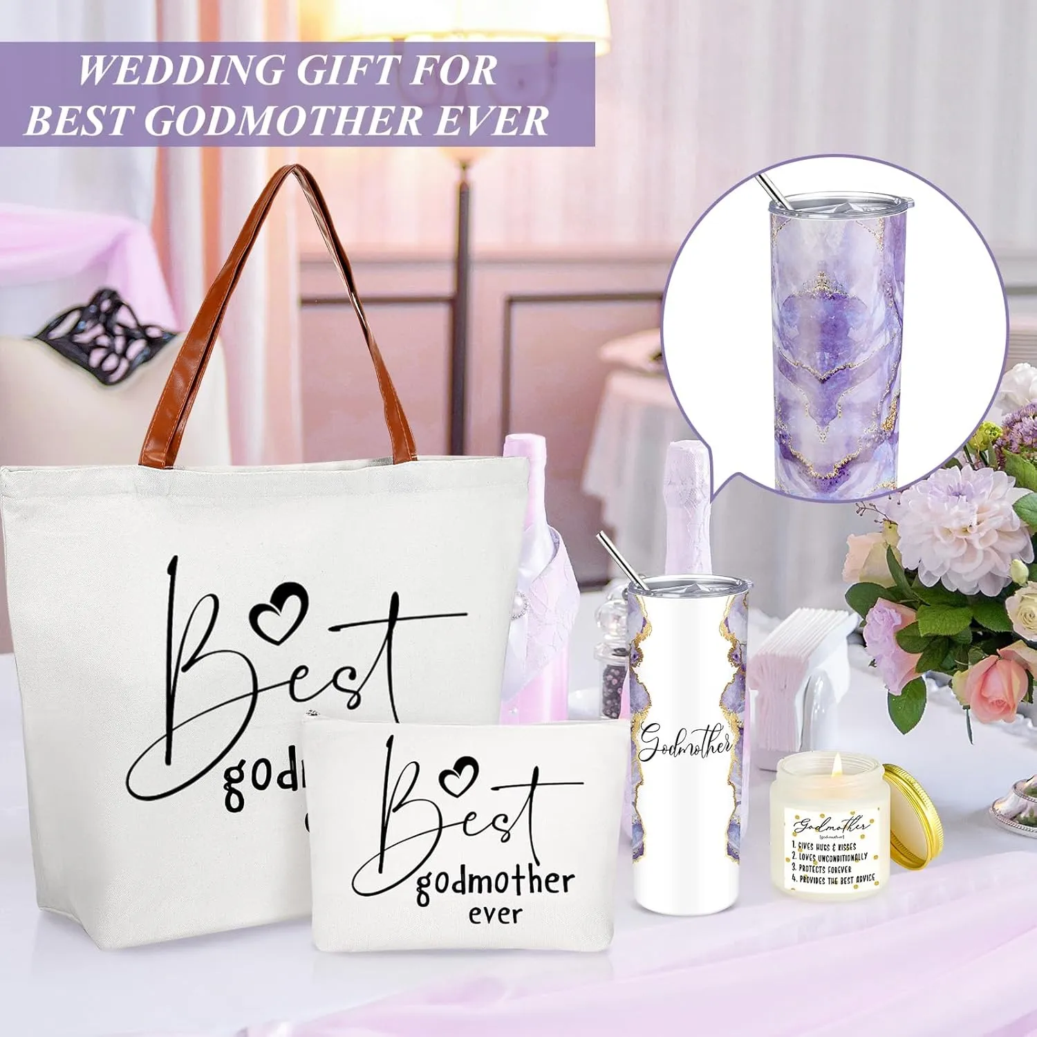 Domensi 4 Pack Godmother Gifts Set Included 20oz Stainless Steel Tumbler Cup with Straw and Lid Best Godmother Ever Gift Tote Bag Makeup Bag Scented Candle Mother Day Gift(Purple)