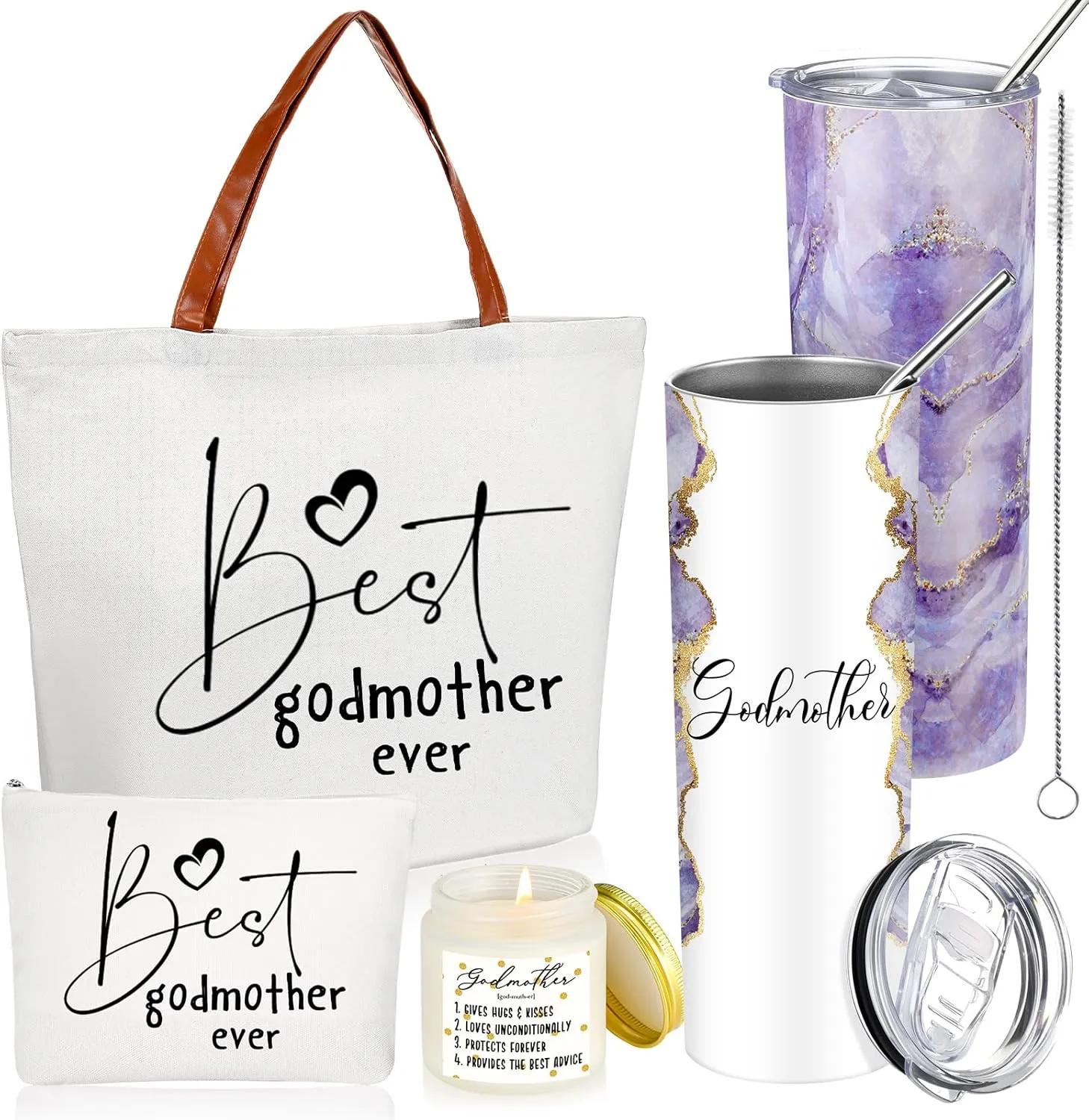 Domensi 4 Pack Godmother Gifts Set Included 20oz Stainless Steel Tumbler Cup with Straw and Lid Best Godmother Ever Gift Tote Bag Makeup Bag Scented Candle Mother Day Gift(Purple)