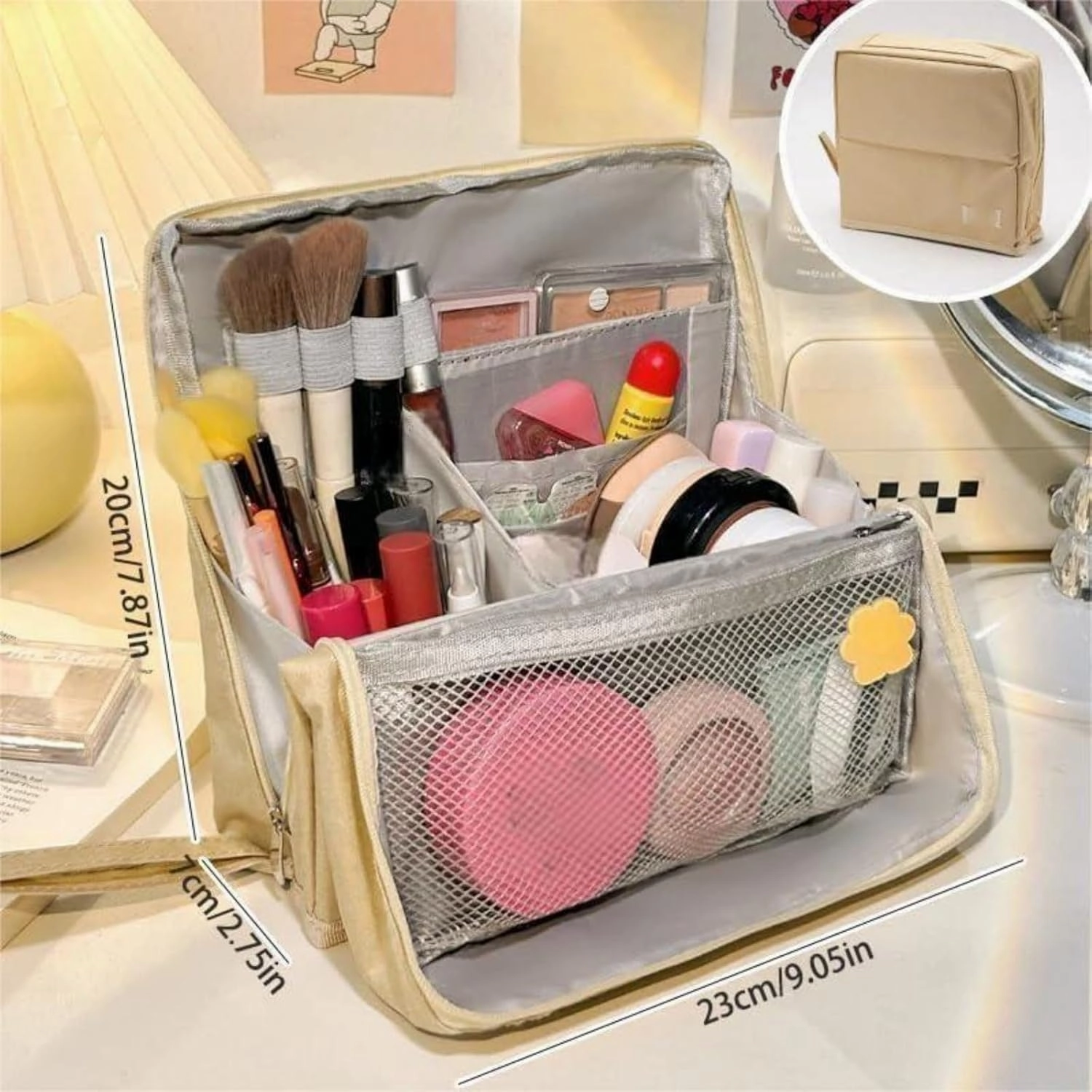Doresty Makeup Bag, Doresty Standing Makeup Bag – Portable, Large Capacity, Multi-purpose Large Capacity Standing Makeup bag, Toiletry Bags with Compartments (beige)