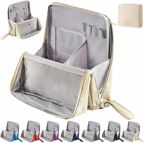 Doresty Makeup Bag, Multi-Purpose Large Capacity Standing Makeup Bag, Vertical Large Opening Waterproof Storage Bags with Compartments, Women Men Portable Toiletry Bag for Travel, Work (Beige)