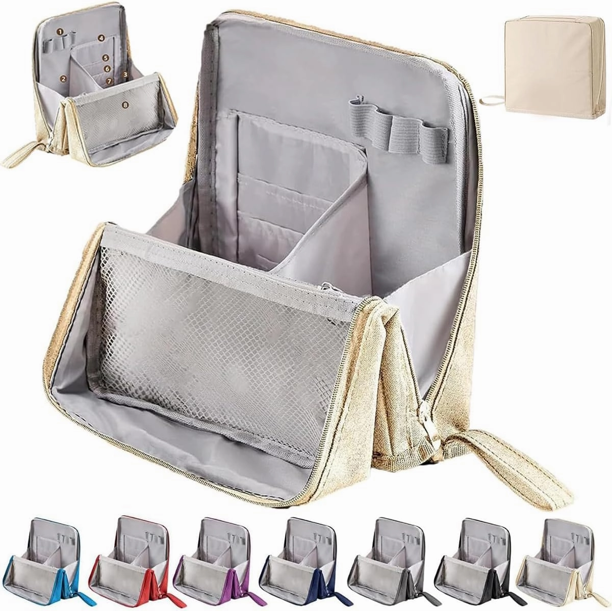 Doresty Makeup Bag, Multi-Purpose Large Capacity Standing Makeup Bag, Vertical Large Opening Waterproof Storage Bags with Compartments, Women Men Portable Toiletry Bag for Travel, Work (Beige)