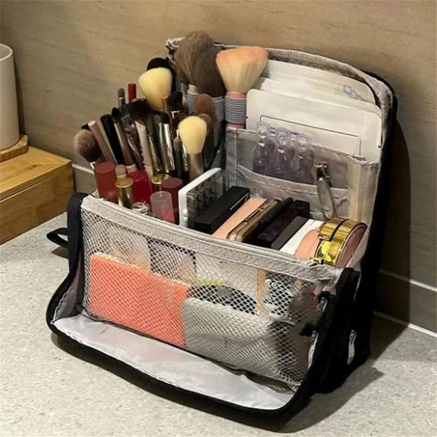 Doresty Makeup Bag, Multi-Purpose Large Capacity Standing Makeup Bag, Vertical Large Opening Waterproof Storage Bags with Compartments, Women Men Portable Toiletry Bag for Travel, Work (Black)