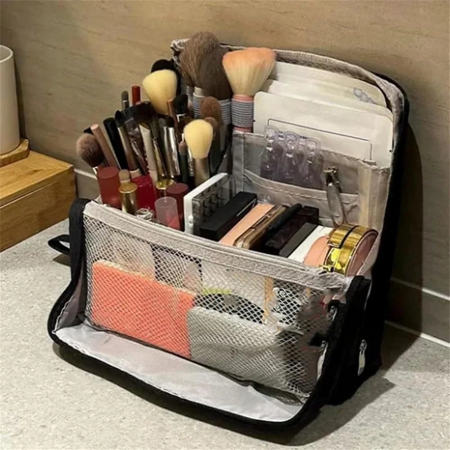 Doresty Makeup Bag, Multi-Purpose Large Capacity Standing Makeup Bag, Vertical Large Opening Waterproof Storage Bags with Compartments, Women Men Portable Toiletry Bag for Travel, Work (Gray)