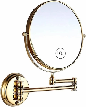 Double-Sided Swivel Wall Mounted Makeup Mirror, 8-Inch with 10X Magnification Extendable Vanity Mirror for Cosmetic Shaving Bathroom, Gold