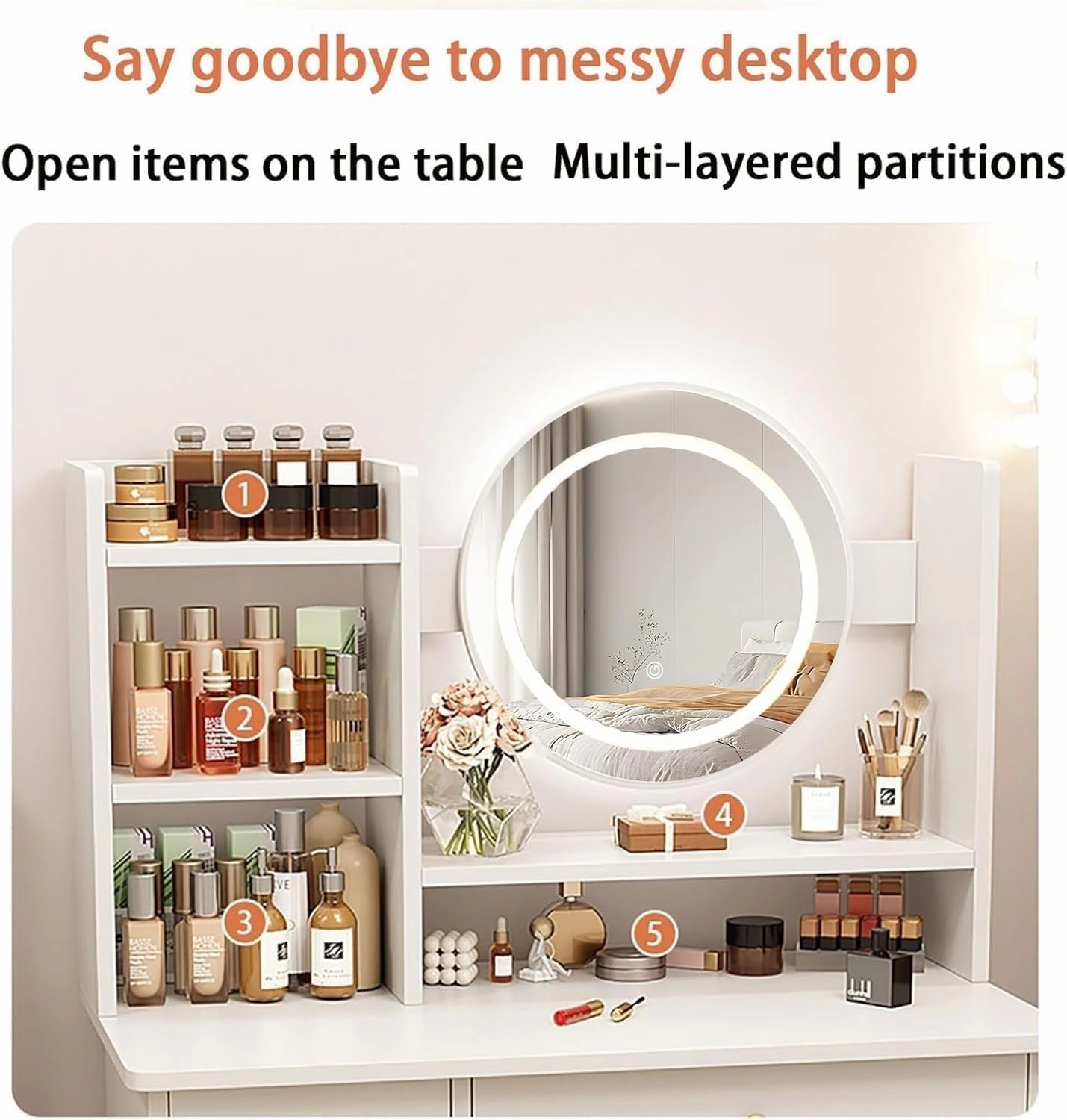 Dressing Table, Makeup Table with Drawers, Vanity Desk with Mirror and LED Lights, 3 Lighting Modes, Multifunctional Makeup Writing Desk for Bedroom (White)
