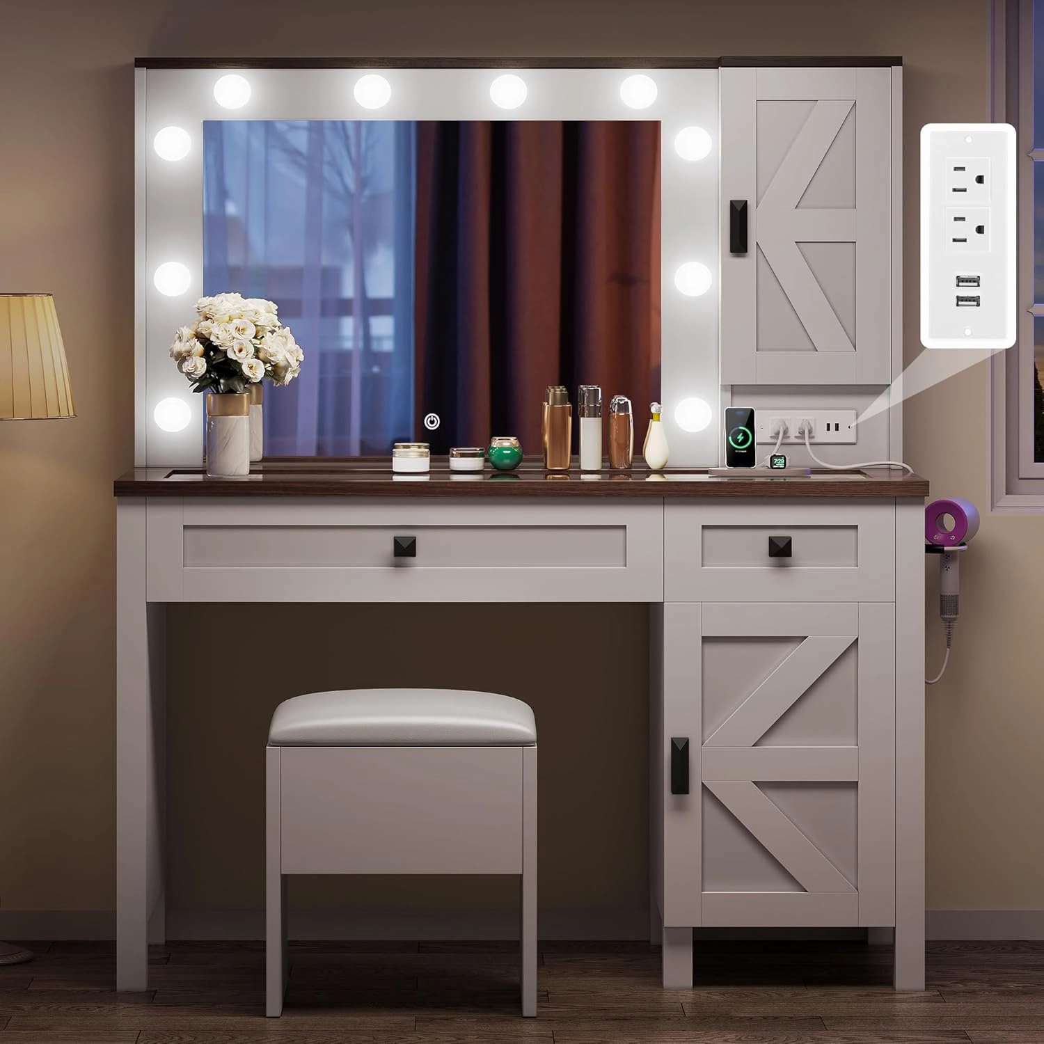 DWVO Farmhouse Makeup Vanity Desk with Mirror and Lights, 42'' Big Vanity Set with Stool, Dressing Table with 2 Drawers and Storage Shelves, Charging Station, 3 Lighting Colors, White
