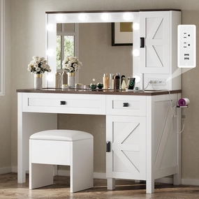 DWVO Farmhouse Makeup Vanity Desk with Mirror and Lights, 42'' Big Vanity Set with Stool, Dressing Table with 2 Drawers and Storage Shelves, Charging Station, 3 Lighting Colors, White