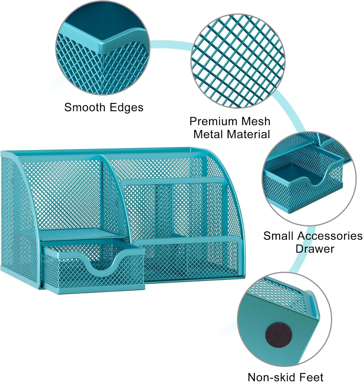 EasyPAG Mesh Desk Organizer for Women with Drawer - Multi-Functional Office & Makeup Storage, Anti-Scratch Pads, 5 Compartments, Durable Metal Mesh for Home, School, Classroom, Blue