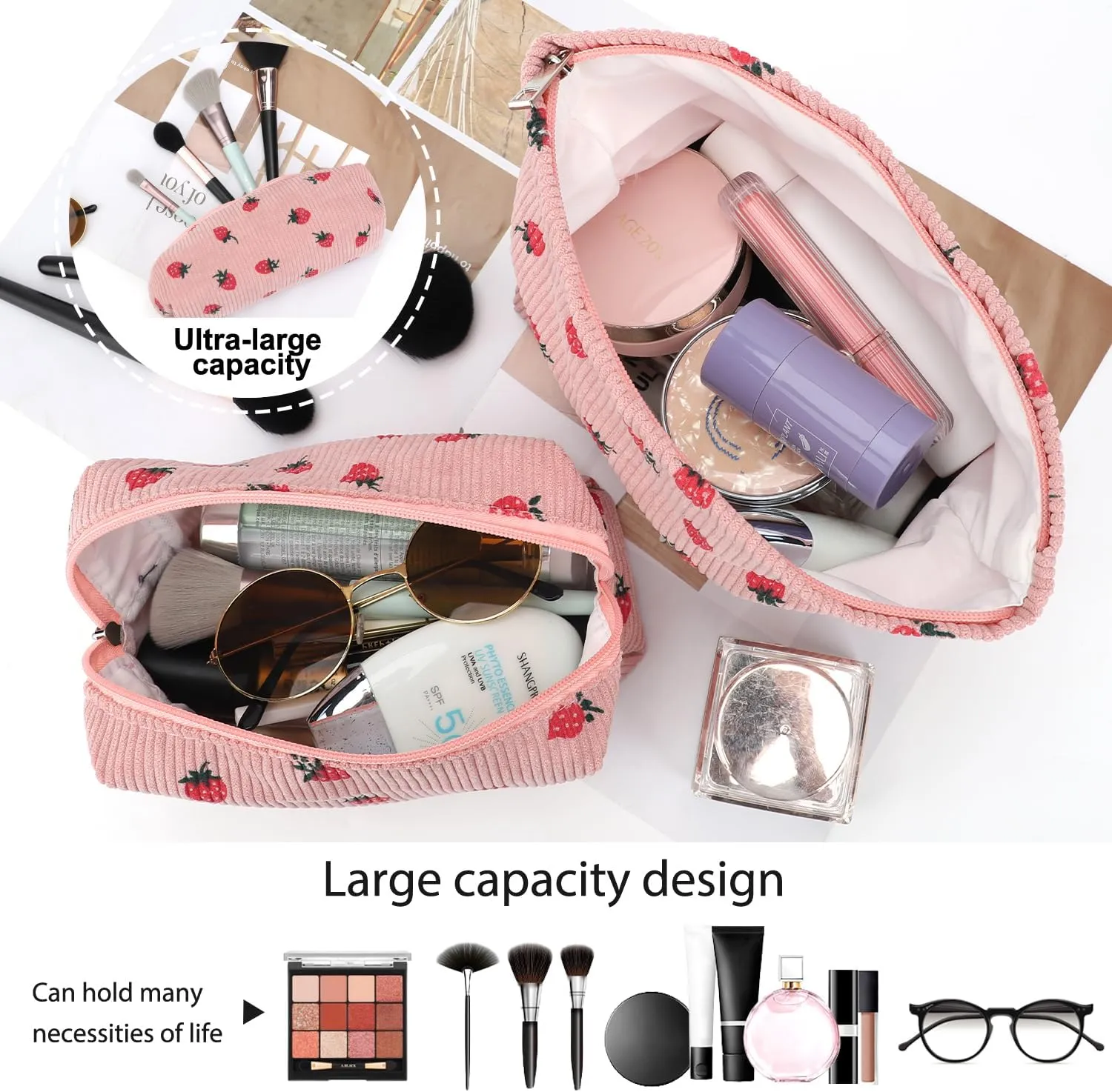 EIMMBD Makeup Bags 6 Pieces Set Large Capacity Cosmetic Bag Travel Toiletry Bag Organizer Cute Strawberry Makeup Bag Pouch Storage Bag for Women