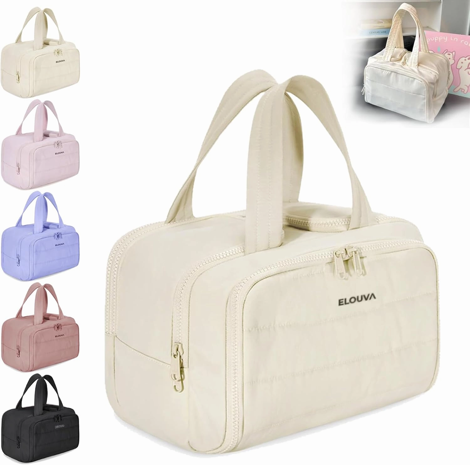 Elouva Toiletry Bag, Elouva Large Capacity Travel Cosmetic Bag, 4-In-1 Puffy Multi-Functional Toiletry Bags, Portable Waterproof Open Flat Organizer Bags, Can be taken on board (off-white)