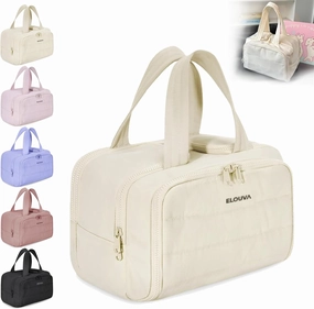 Elouva Toiletry Bag, Elouva Large Capacity Travel Cosmetic Bag, 4-In-1 Puffy Multi-Functional Toiletry Bags, Portable Waterproof Open Flat Organizer Bags, Can be taken on board (off-white)