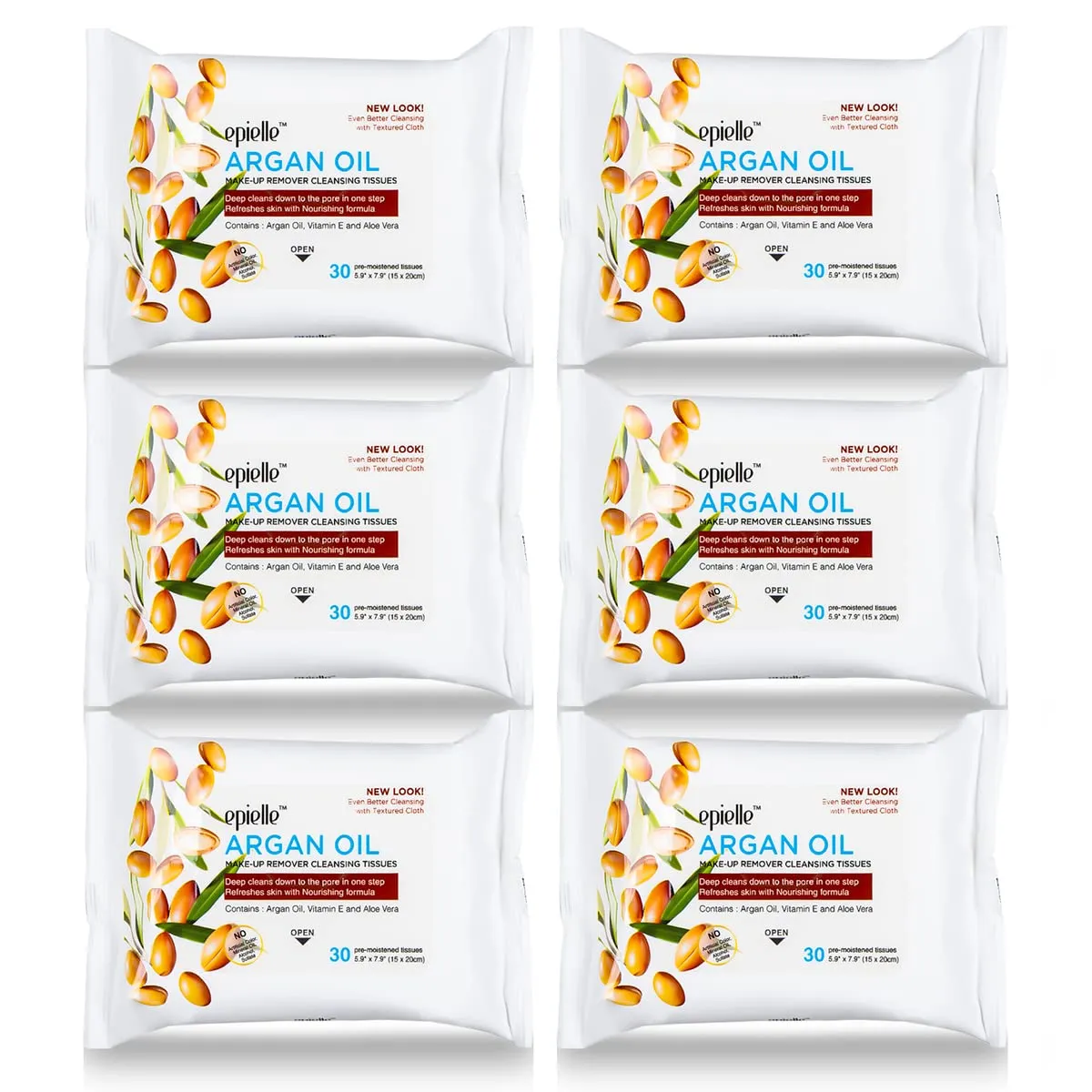 Epielle Argan Oil Makeup Remover Cleansing Wipes | 30 Count, 6-Pack | Gentle Daily Facial Towelettes for All Skin Types | Removes Dirt, Oil, & Makeup | Essential Korean Skincare, Easter Gift