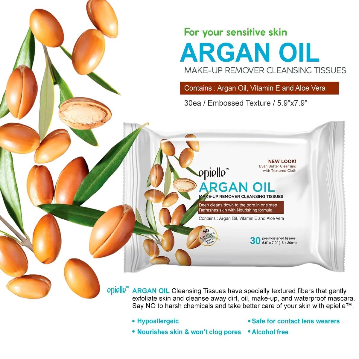 Epielle Argan Oil Makeup Remover Cleansing Wipes | 30 Count, 6-Pack | Gentle Daily Facial Towelettes for All Skin Types | Removes Dirt, Oil, & Makeup | Essential Korean Skincare, Easter Gift