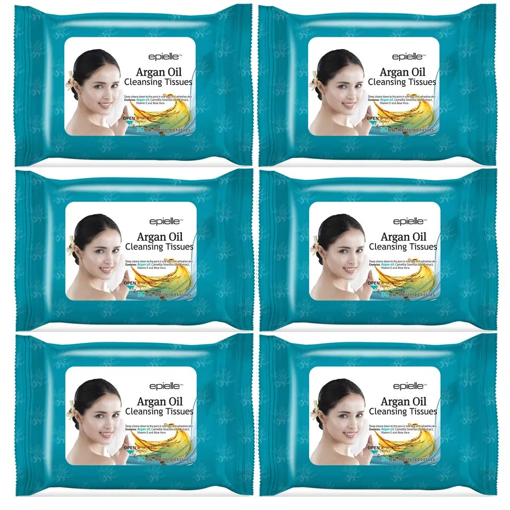 Epielle Argan Oil Makeup Remover Cleansing Wipes Tissue | Gentle for all Skin Types | Daily Facial Cleansing Towelettes | Removes Dirt, Oil, Makeup (Pack of 6)