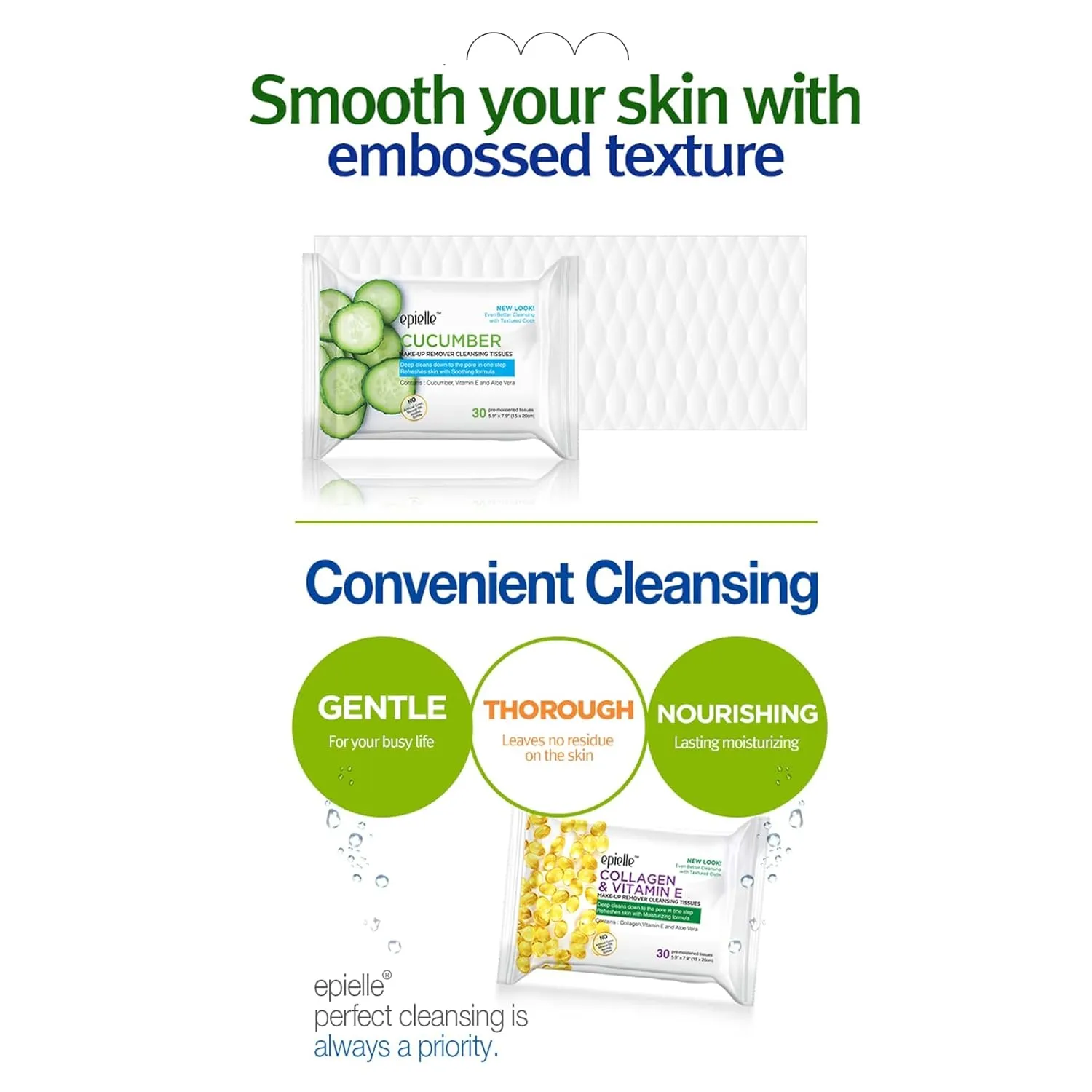 Epielle Makeup Remover Cleansing Wipes | Gentle for All Skin Types | Removes Dirt, Oil, Makeup | Facial Towelettes | Beauty Gift, Spa Day, Gift Set | Pack of 6 | Korean Skincare