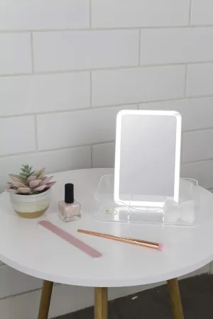 excell iReflect LED Mirror with Storage Box, Lighted Mirror with Makeup Organizer, Touch Brightness Sensor, Travel Makeup Mirror, White, 5.47” X 8.07” X 1.77”