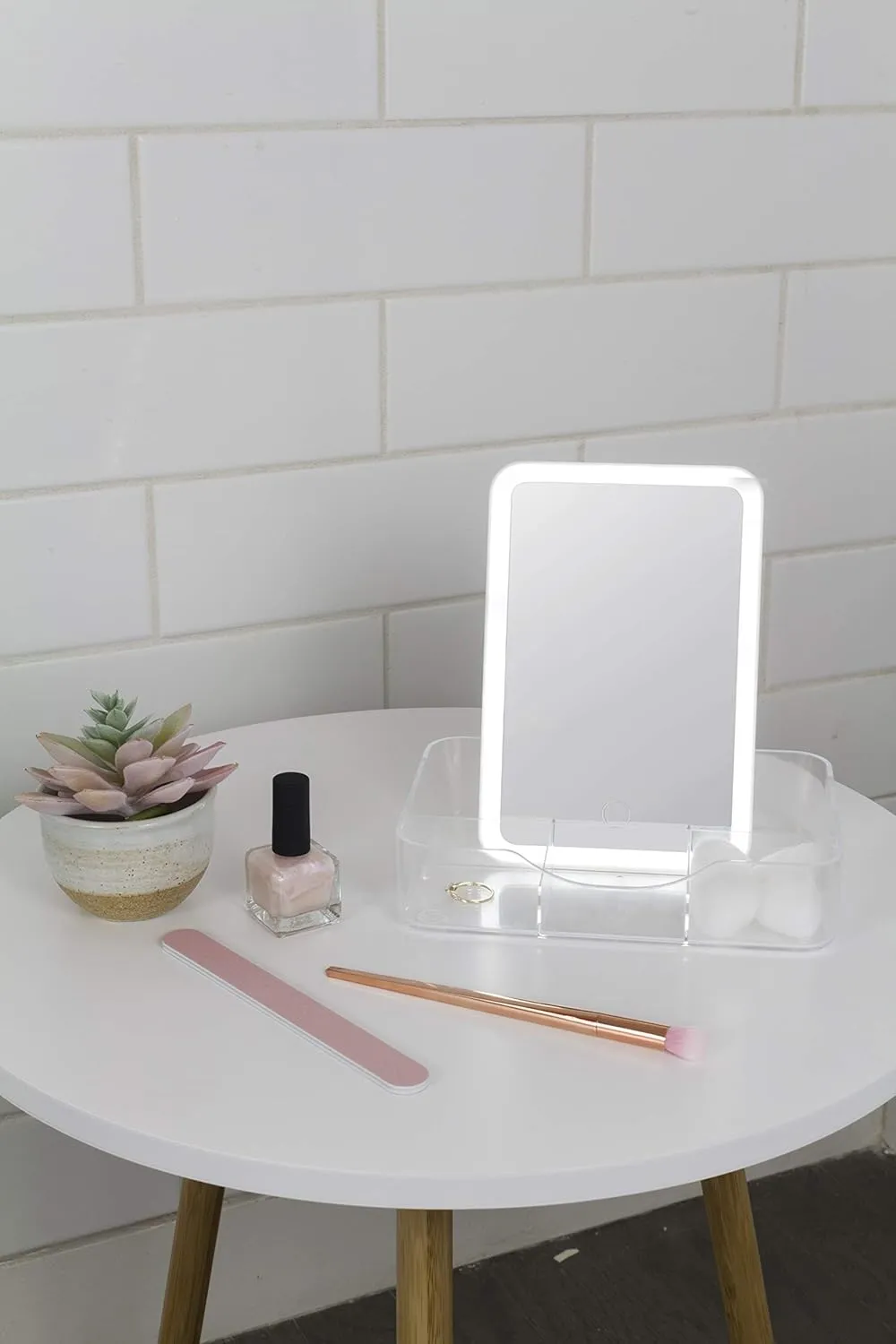 excell iReflect LED Mirror with Storage Box, Lighted Mirror with Makeup Organizer, Touch Brightness Sensor, Travel Makeup Mirror, White, 5.47” X 8.07” X 1.77”