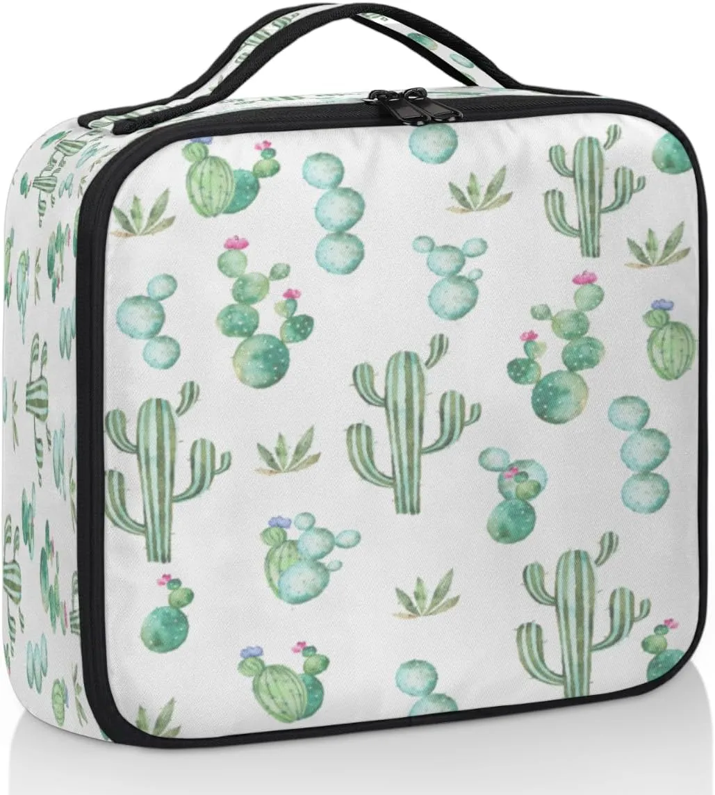 Exotic Tropical Cactus Cactis Travel Makeup Train Case Makeup Comestic Bag Organizer Portable Artist Comestic Brush Organizer with Adjustable Dividers for Woman Girls