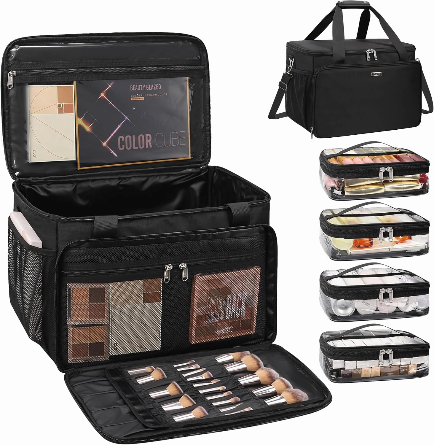 Extra Large Makeup Bag Travel Makeup Case Professional Makeup Artist Bag with 4 Clear Pouches Hairstylist Cosmetic Bag with Detachable Dividers and Shoulder Straps