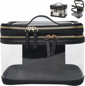 Extra Large Vegan Leather Makeup Bag with Zipper Organizer - Clear, Waterproof Travel Skincare Cosmetic Bag for Women