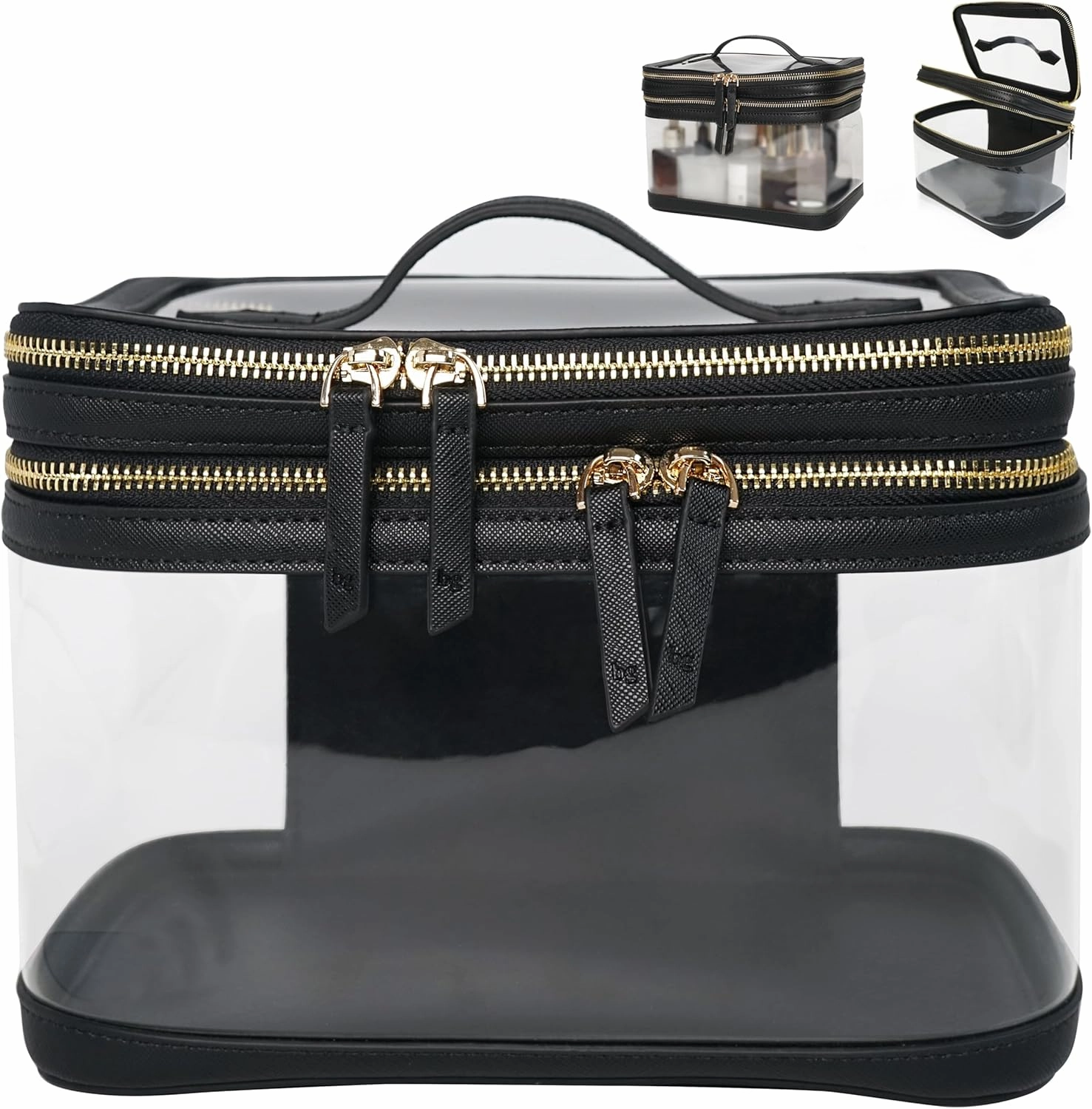 Extra Large Vegan Leather Makeup Bag with Zipper Organizer - Clear, Waterproof Travel Skincare Cosmetic Bag for Women