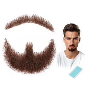 Fake Beard Fake Mustache Realistic 100% Human Hair Handmade with Invisible Lace Fake Mustache for Halloween Dressing Men Makeup Entertainment/Drama/Party/Movie- Brown