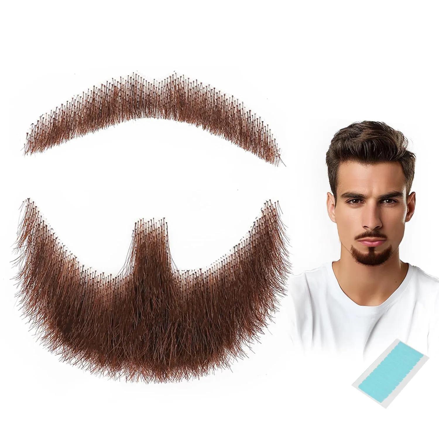 Fake Beard Fake Mustache Realistic 100% Human Hair Handmade with Invisible Lace Fake Mustache for Halloween Dressing Men Makeup Entertainment/Drama/Party/Movie- Brown