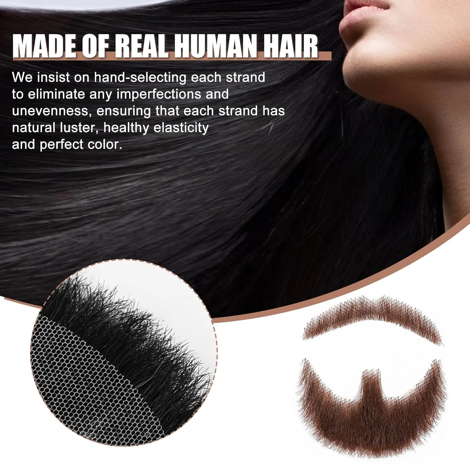 Fake Beard Fake Mustache Realistic 100% Human Hair Handmade with Invisible Lace Fake Mustache for Halloween Dressing Men Makeup Entertainment/Drama/Party/Movie- Brown