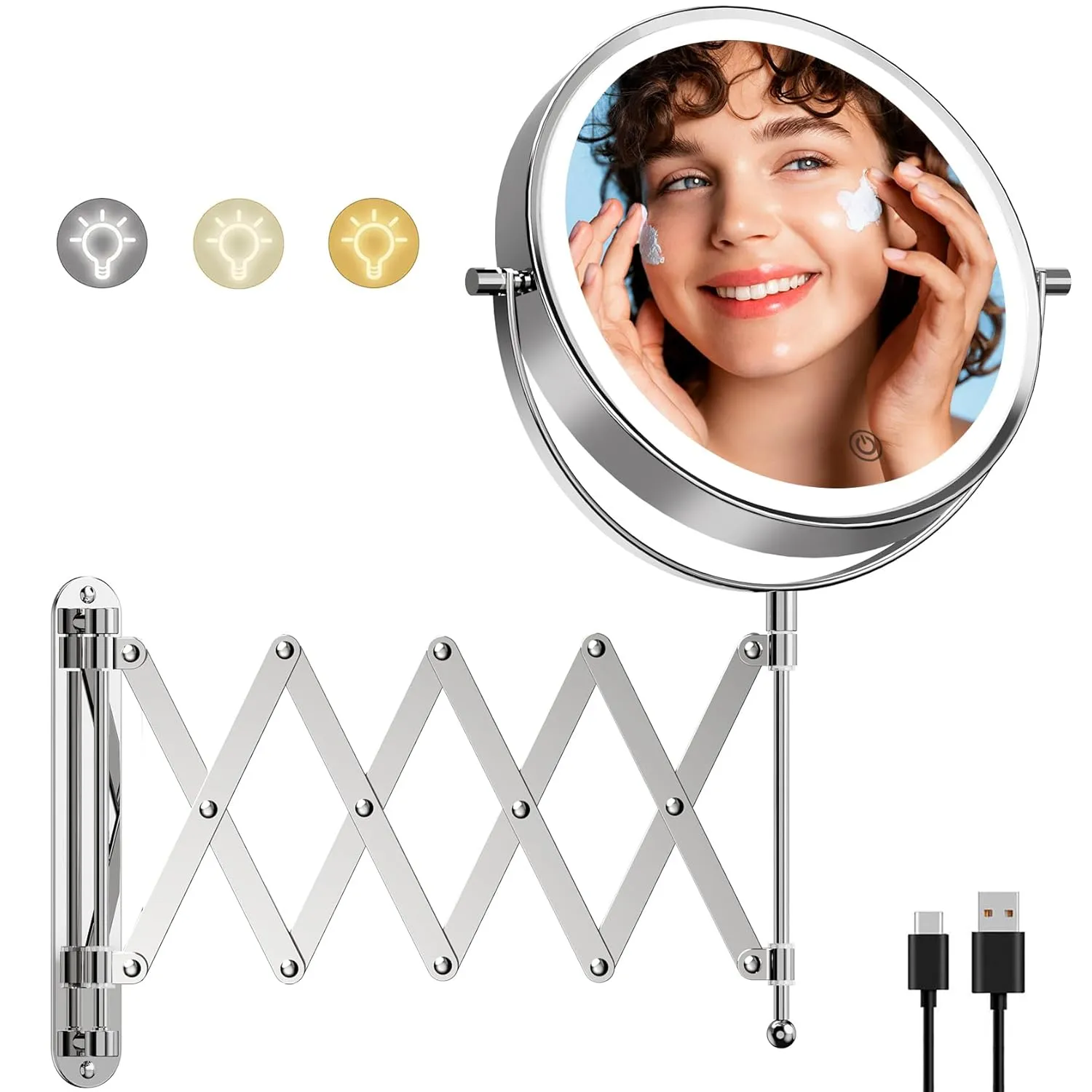 Famihomii Rechargeable Lighted Makeup Mirror Wall Mounted, 8 Inch 1X/10X Double Sided Magnifying Mirror with 3 Light, 360° Swivel Bathroom Extendable Mirror, Telescoping Mesh Shaving Mirror - Chrome