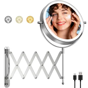 Famihomii Rechargeable Lighted Makeup Mirror Wall Mounted, 8 Inch 1X/10X Double Sided Magnifying Mirror with 3 Light, 360° Swivel Bathroom Extendable Mirror, Telescoping Mesh Shaving Mirror - Chrome