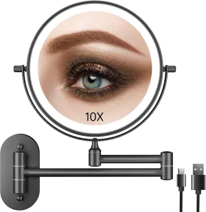 FASCINATE Rechargeable Wall Mounted Lighted Vanity Mirror 8 Inch 1X/10X Magnifying Makeup Mirror with 3 Color Lights, Double Sided Dimmable, 360 Degree Screen Touch,Bathroom Shaving Mirror (Black)