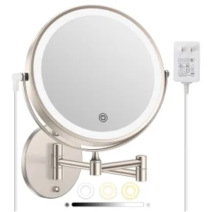 FASCINATE Rechargeable Wall Mounted Makeup Mirror with Lights and Magnification, 8 Inch Double Sided 1X 10X Magnifying Bathroom Mirror with 3 Color Lights & 360° Rotation Vanity Mirror - Nickel