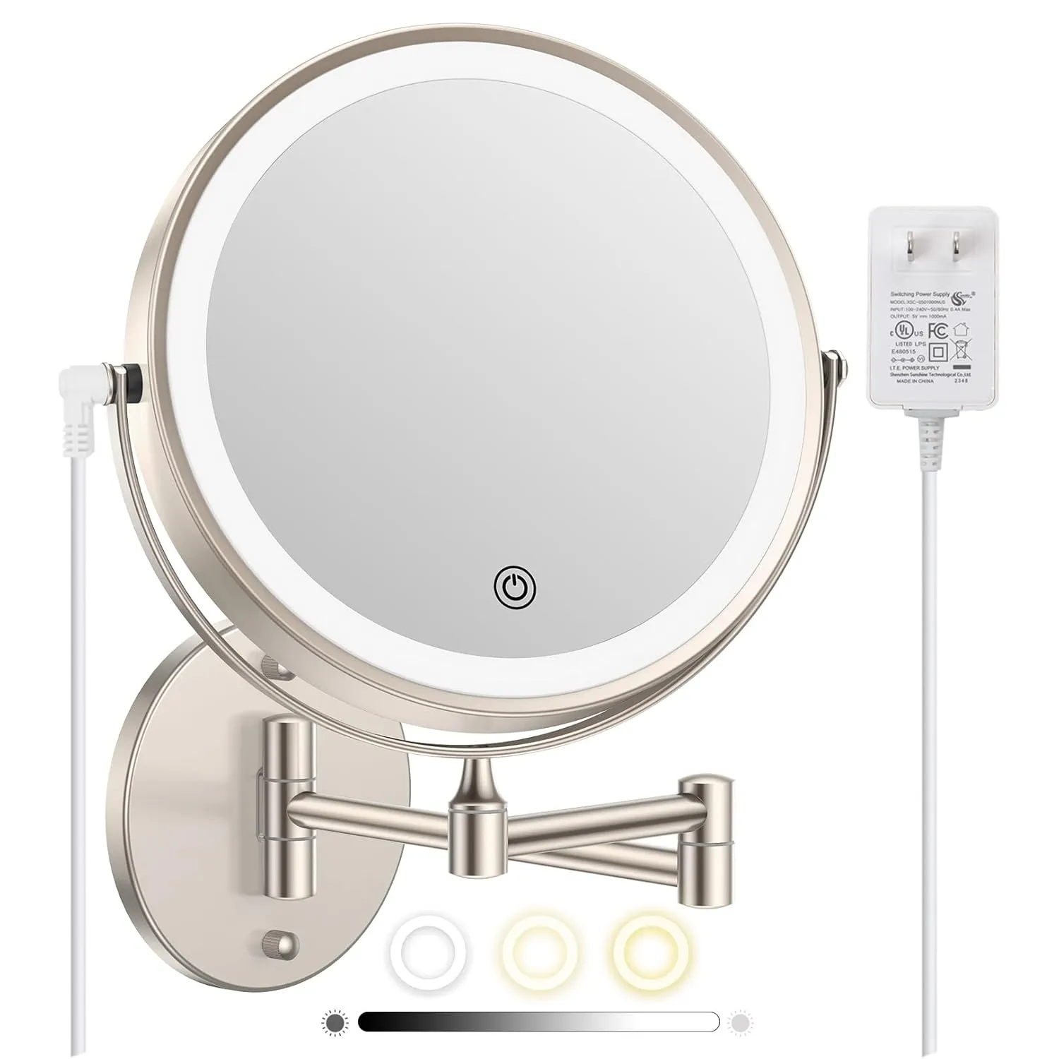 FASCINATE Rechargeable Wall Mounted Makeup Mirror with Lights and Magnification, 8 Inch Double Sided 1X 10X Magnifying Bathroom Mirror with 3 Color Lights & 360° Rotation Vanity Mirror - Nickel