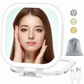 FASCINATE 10X Magnification Rechargeable Travel Makeup Mirror, Lighted Portable Vanity Mirror with 3 Colors Lighting & Stepless Dimming, Double Sided LED Mirror, Gift for Women (White Bag)