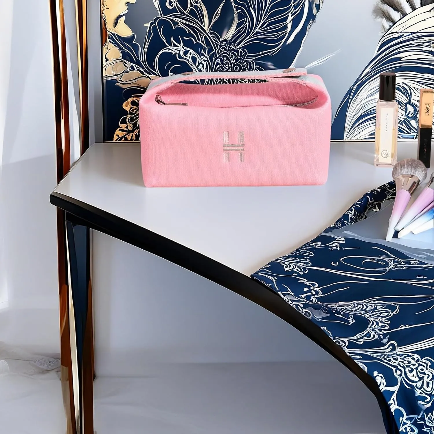 Fashion Makeup Bag for Women, Orange Red Canvas Make up Travel Bag, Hanging Cosmetic Bag Organizer for Women（Full updated ）
