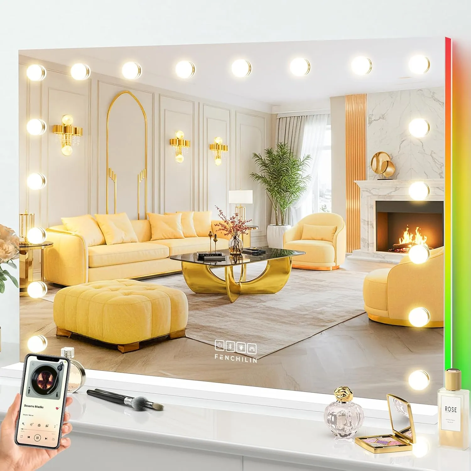 FENCHILIN 31.5x22.8 Inch RGB LED Vanity Mirror with Light and RGB Backlit Hollywood Lighted Makeup Mirror, Smart Touch Control Light Mirror with Memory Function