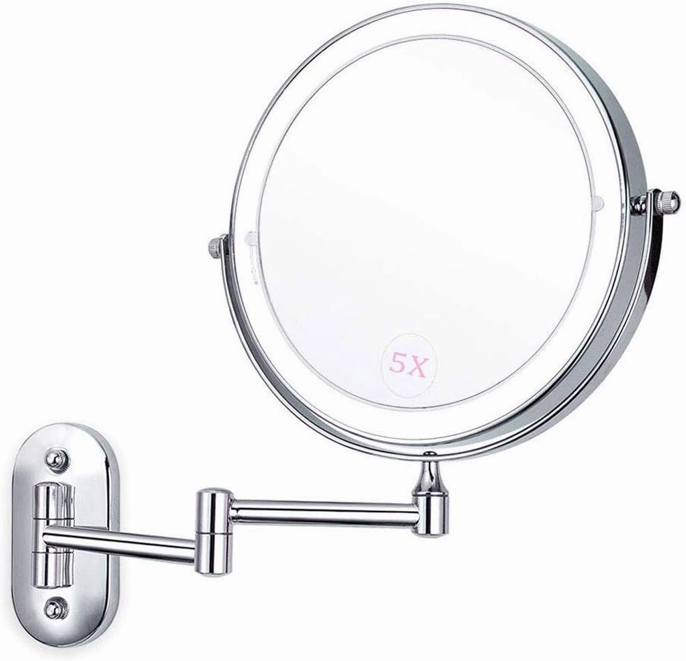 FIDEMM Wall Mounted Makeup Mirror Two-Sided 5X Magnification LED Touch Dimming 360° Swivel Extending Folding Powered