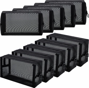 Frienda 10 Pieces Mesh Makeup Bag Portable Mesh Cosmetic Bag Black Zipper Pouch Breathable Travel Toiletry Bag for Home Offices Travel Accessories Organizer
