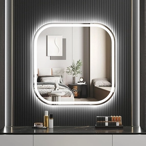 Front Lighted Vanity Makeup Mirror, LED Bathroom Mirrors for Wall, Stepless Dimmable Lighted Mirror, 3 Colors Smart Mirror, Lighted Vanity Mirror for Wall, Hollywood Wall-Mounted Bathroom Mirror(50x50