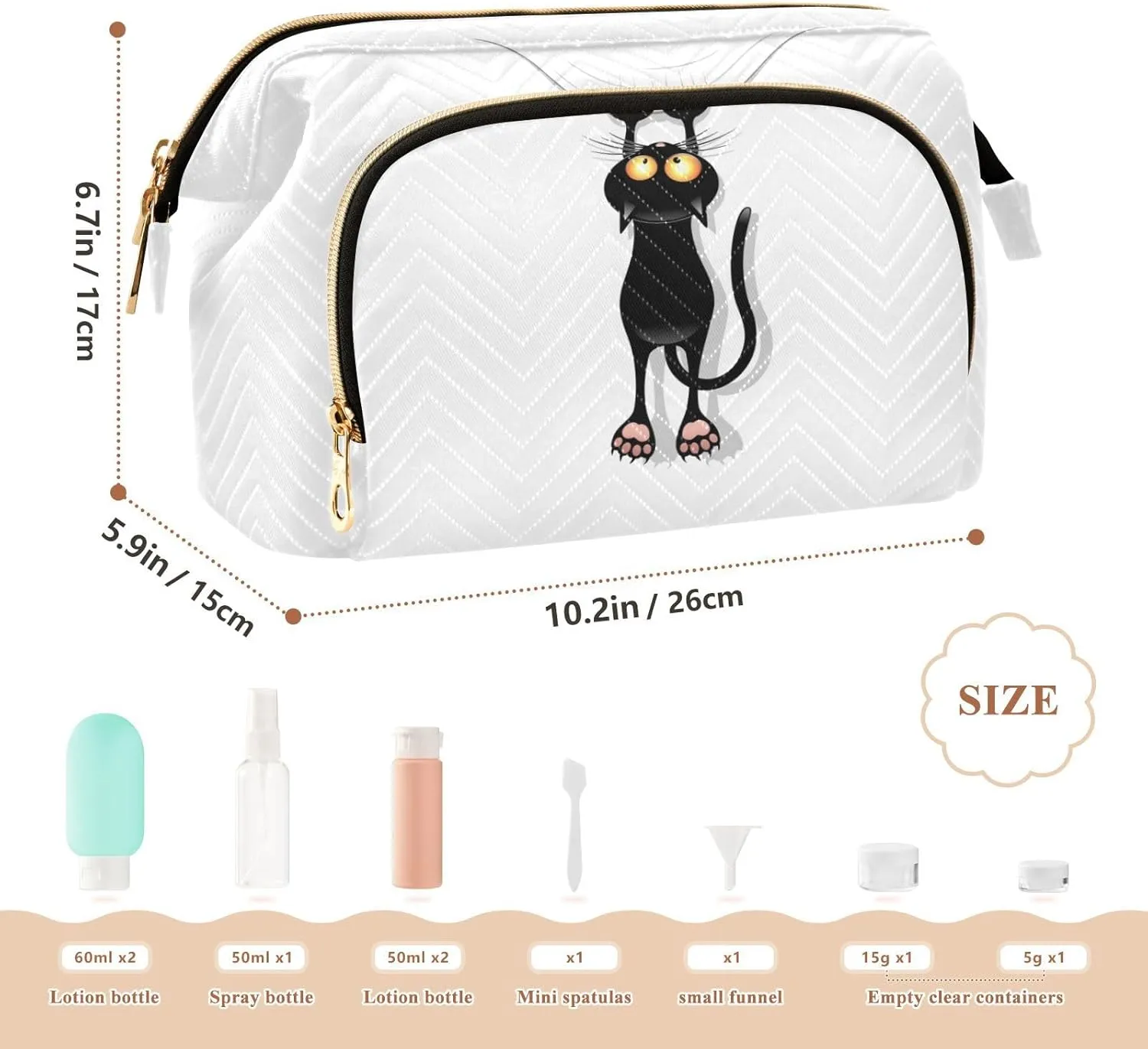 Funny Black Cat Cartoon Scratching Curtains on White Women Cosmetic Bag Makeup Bag Stylish Trip Beauty Bag Travel Toiletry Bag with Bottle Organizer 10.2 x 5.9 x 6.7 inch