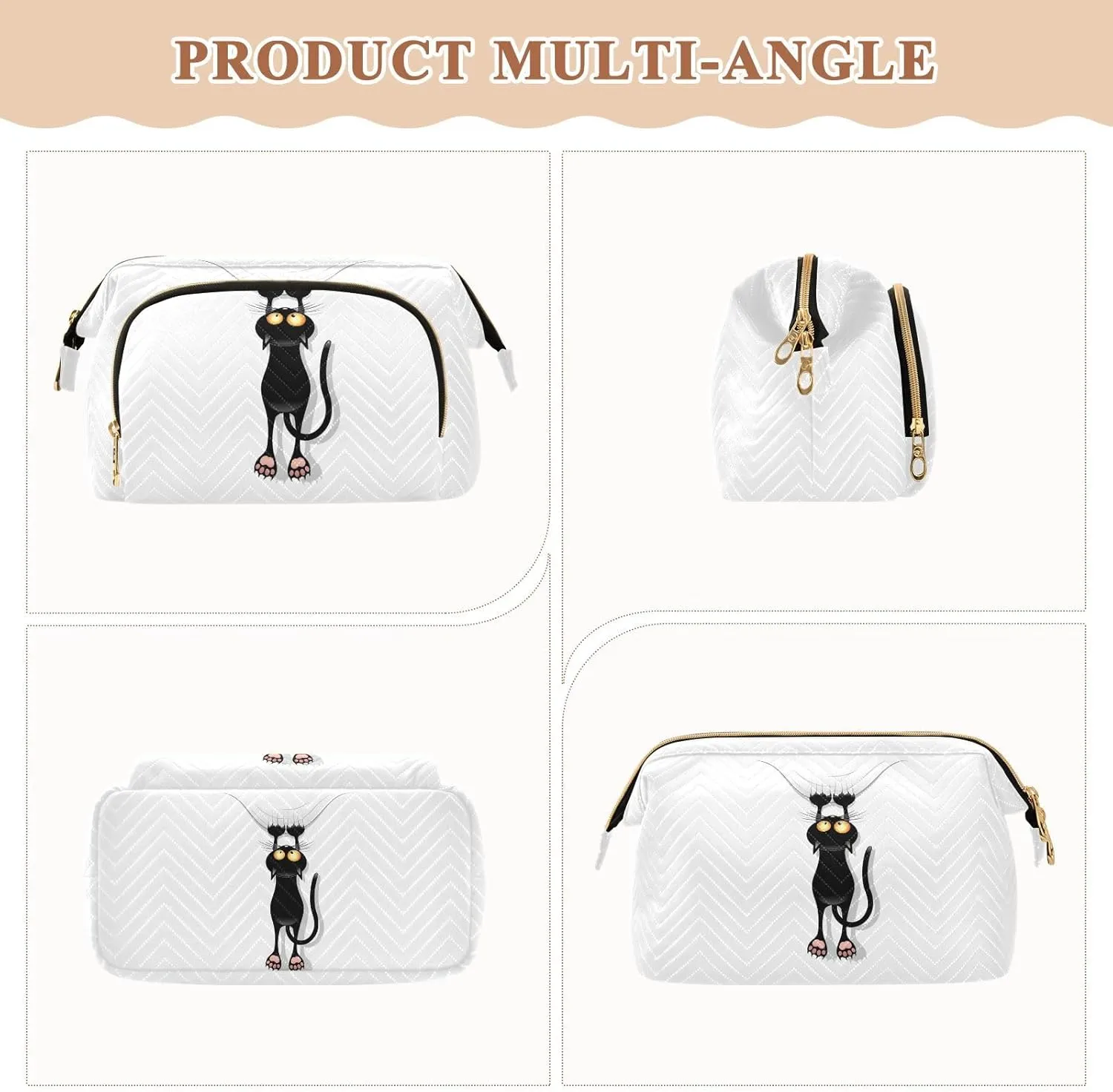 Funny Black Cat Cartoon Scratching Curtains on White Women Cosmetic Bag Makeup Bag Stylish Trip Beauty Bag Travel Toiletry Bag with Bottle Organizer 10.2 x 5.9 x 6.7 inch