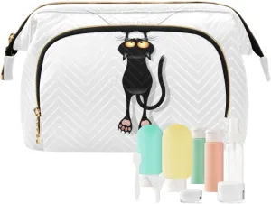 Funny Black Cat Cartoon Scratching Curtains on White Women Cosmetic Bag Makeup Bag Stylish Trip Beauty Bag Travel Toiletry Bag with Bottle Organizer 10.2 x 5.9 x 6.7 inch