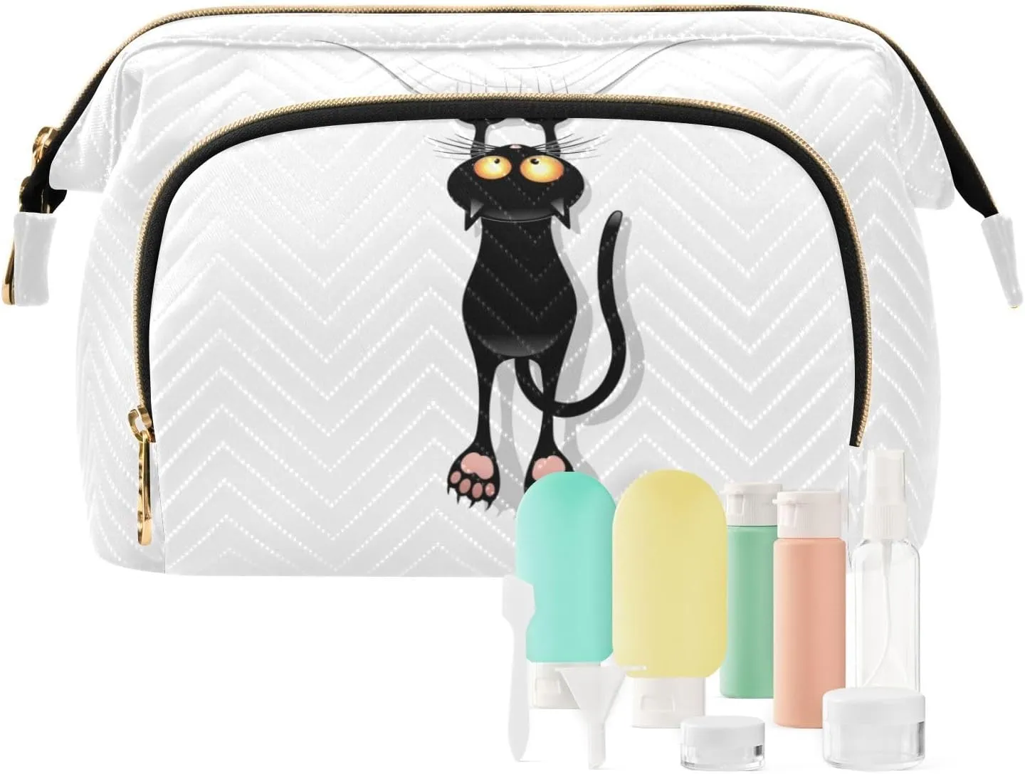 Funny Black Cat Cartoon Scratching Curtains on White Women Cosmetic Bag Makeup Bag Stylish Trip Beauty Bag Travel Toiletry Bag with Bottle Organizer 10.2 x 5.9 x 6.7 inch