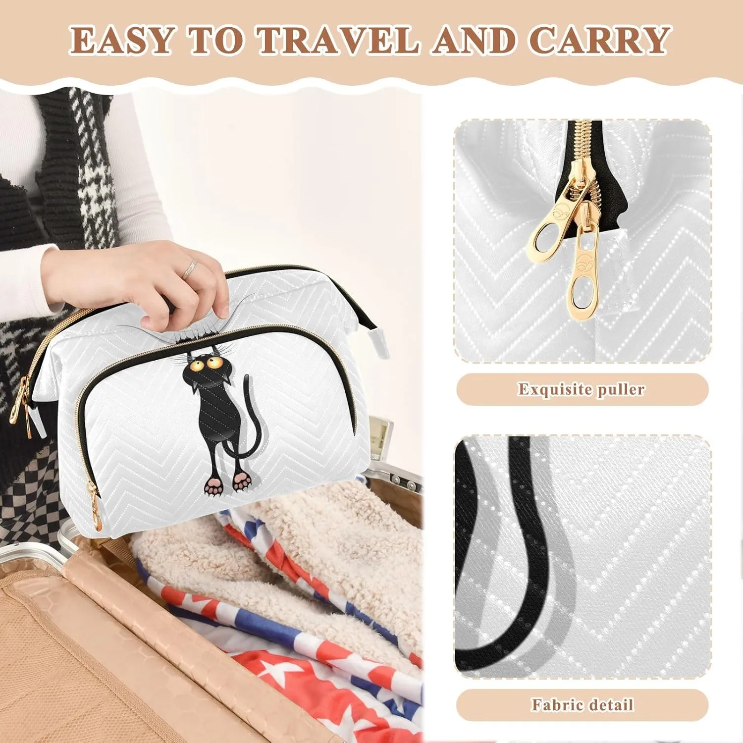 Funny Black Cat Cartoon Scratching Curtains on White Women Cosmetic Bag Makeup Bag Stylish Trip Beauty Bag Travel Toiletry Bag with Bottle Organizer 10.2 x 5.9 x 6.7 inch