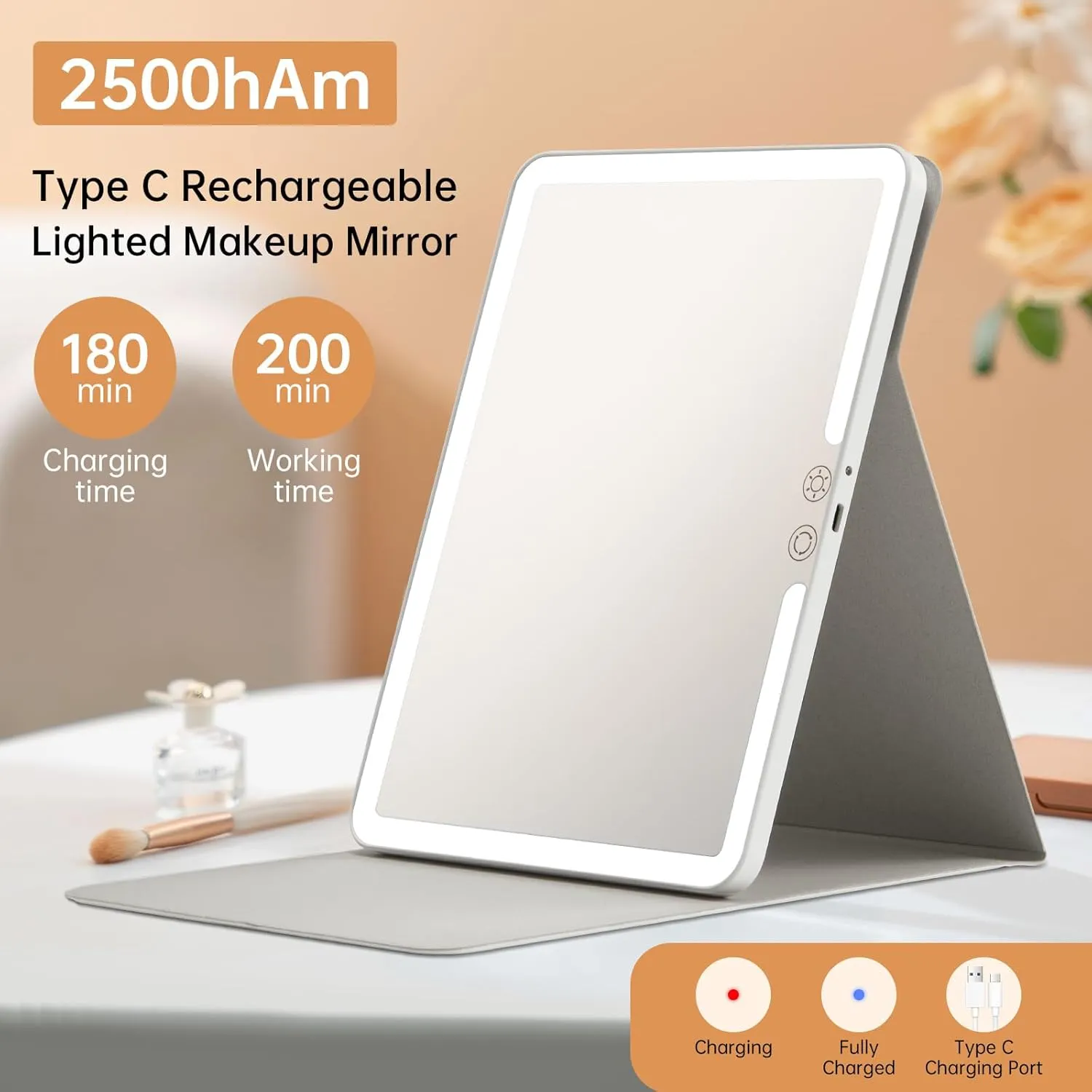 FUNTOUCH 2500mAh Large Rechargeable Travel Makeup Mirror with Light, Portable Makeup Mirror with 10X Magnifying Mirror, 3 Lighting Modes, Tabletop Folding Travel Mirror with PU Leather Cover (White)