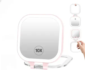 FUNTOUCH Travel Makeup Mirror with Light, 1X/10X Magnifying Mirror with 3 Light Settings & Adjustable Brightness,Rechargeable Folding Compact Double Sides Mirror for Home and Travel, Pink