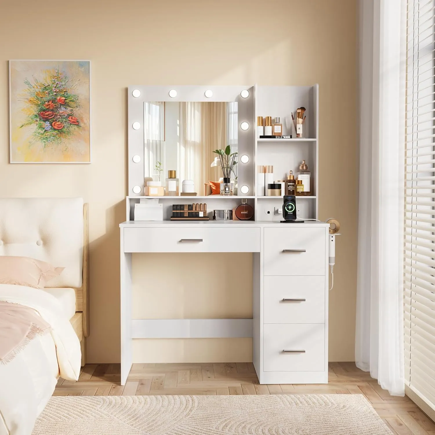 Furmax Vanity Desk with LED Lighted Mirror&Power Outlet, 39.3’’ Makeup Vanity Table with 4 Drawers and 3 Storage Shelves, Adjustable 3 Lighting Colorfor Bedroom&Dressing Room (White)