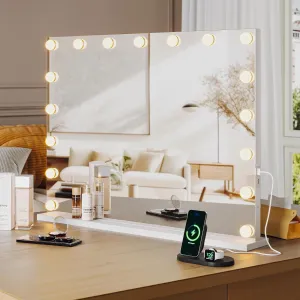 GAOMON Vanity Mirror with Lights, 32" x 24" Hollywood Vanity Mirror, Makeup Mirror with 17 Led Bulbs, 3 Colors Modes, 3X Detachable Magnification Mirror, Touch Control, USB Charging Port for Tabletop
