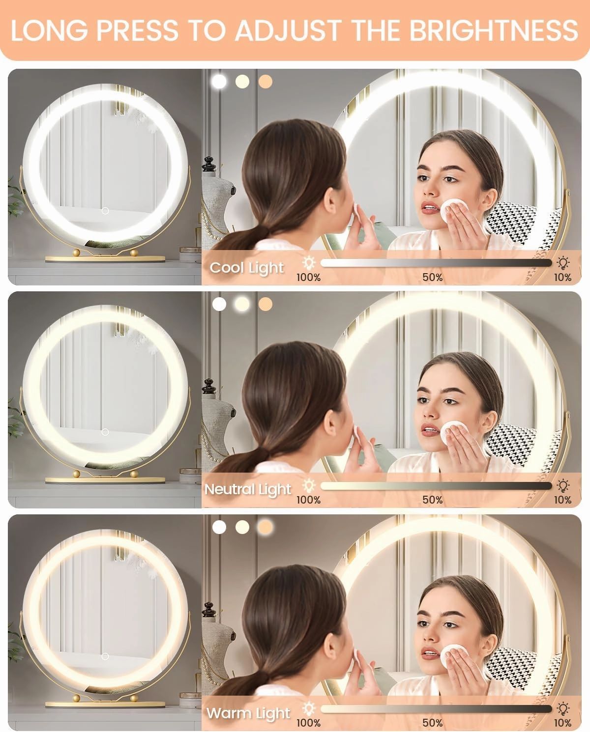 GarveeHome 19 Inch Vanity Mirror with Lights, Round Large LED Vanity Mirror with Smart Touch 3 Colors Dimmable, Touch Lighting, 360° Rotation for Dressing Room & Bedroom Tabletop, Easy Assembly(Gold)